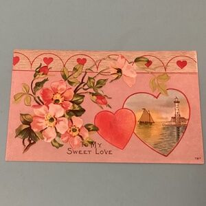 Antique Valentine postcard Lighthouse Sailboat Flowers Embossed No writing 💕